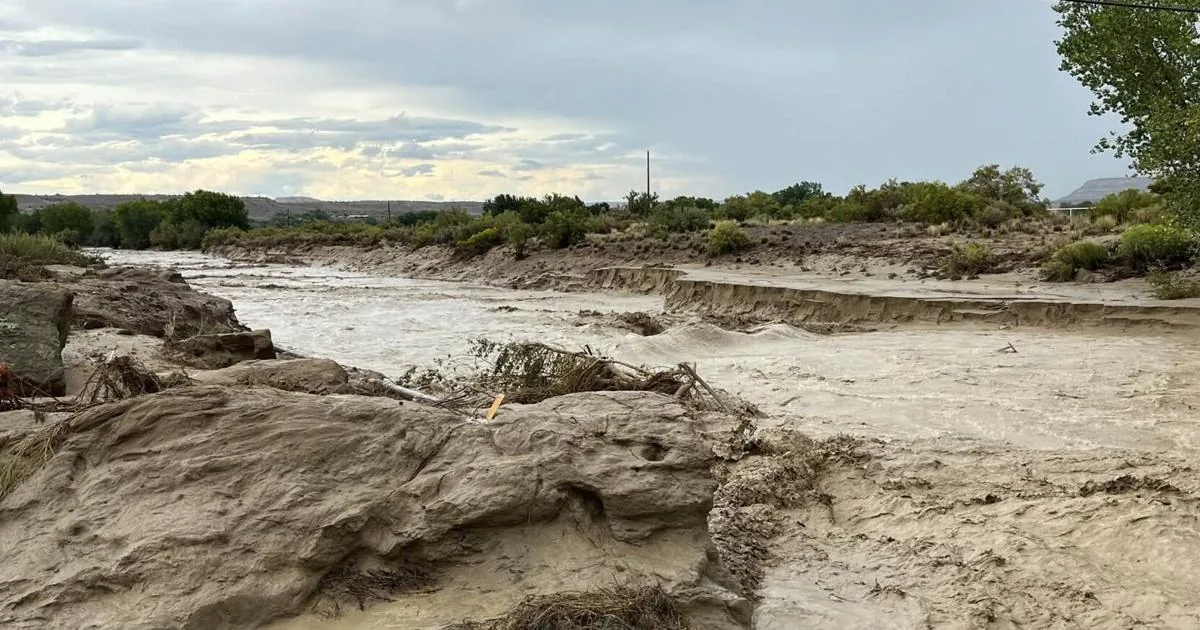 Floodwater rises near a bridge and low-lying road in northwestern New Mexico