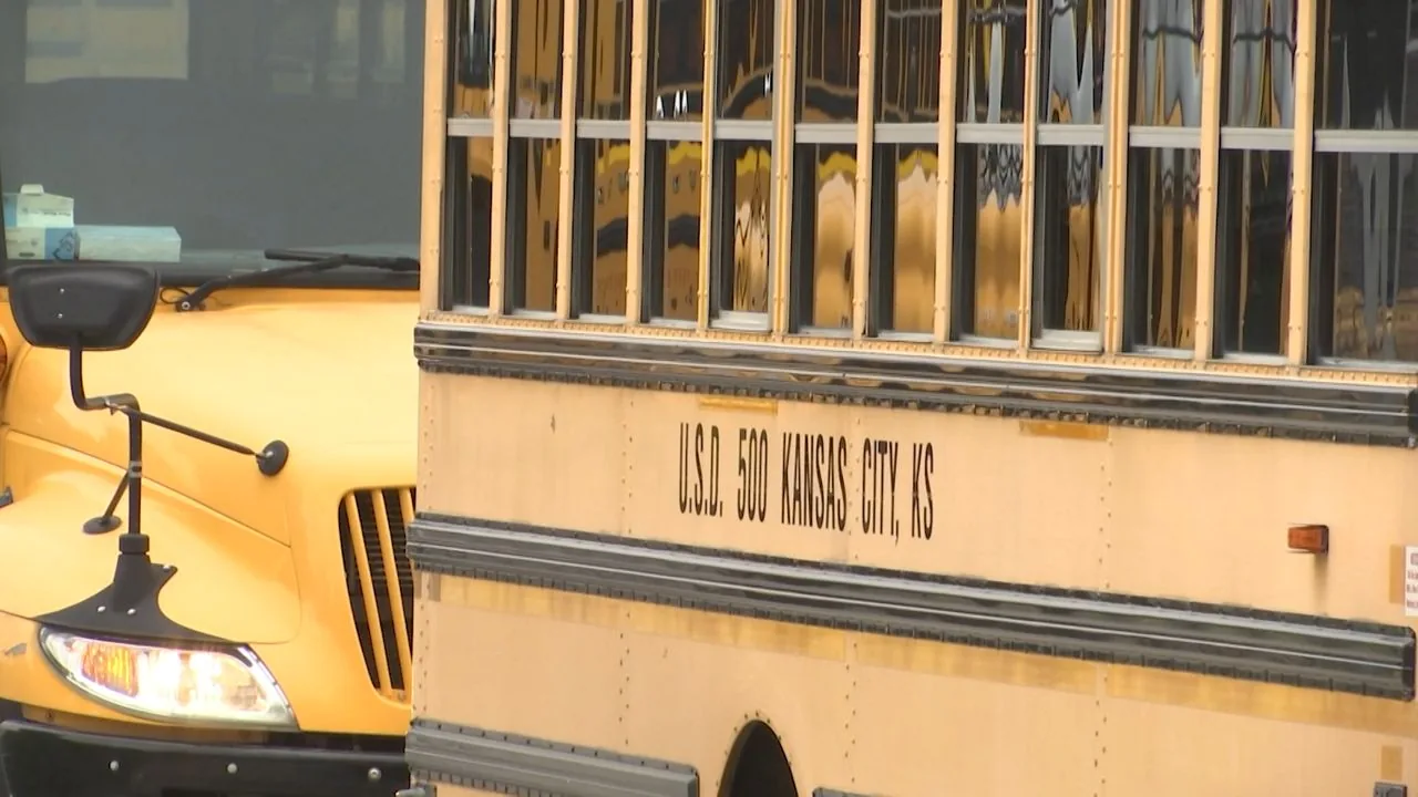 Kansas City, Kansas school bus after a shooting incident that left one man dead and students unharmed